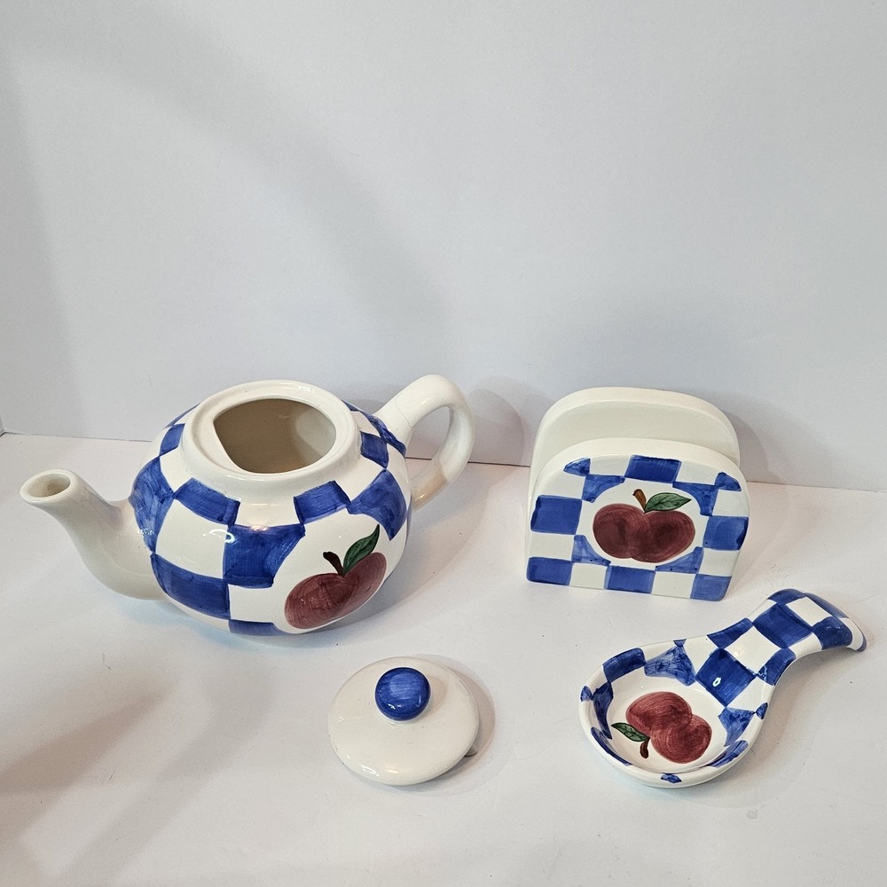 Blue & White 3pc Checker Hand Painted Teapot Napkin Holder Spoon Rest With Apple